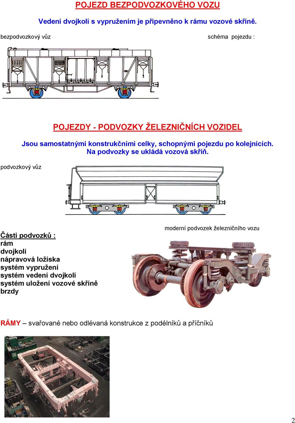 schopnými pojezdu po kolejnicích. Na podvozky se ukládá vozová skříň.