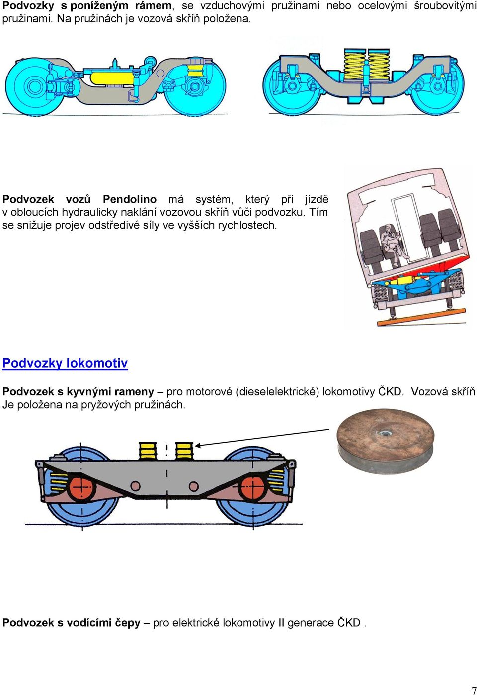 Podvozek vozů Pendolino má systém, který při jízdě v obloucích hydraulicky naklání vozovou skříň vůči podvozku.