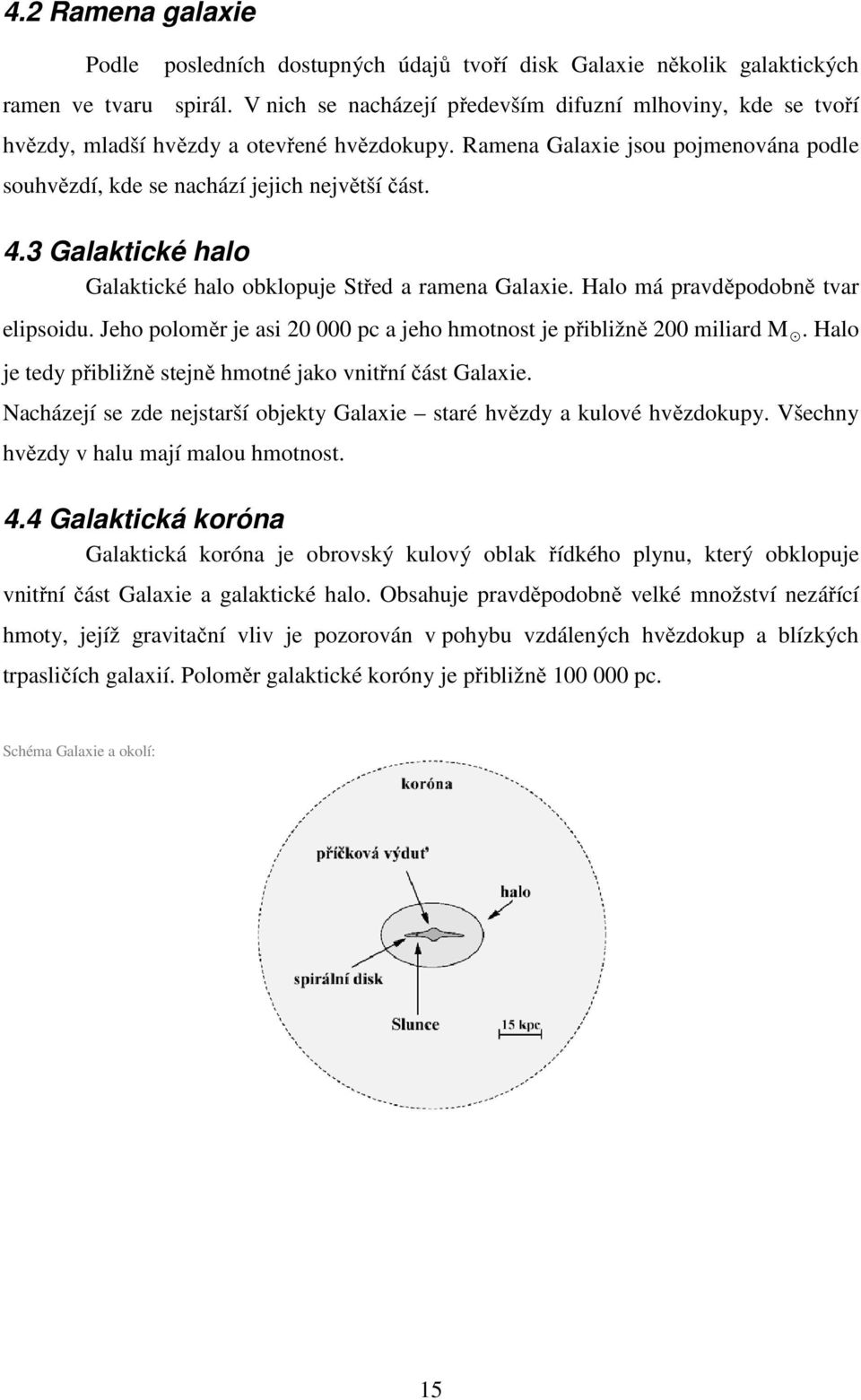 3 Galaktické halo Galaktické halo obklopuje Střed a ramena Galaxie. Halo má pravděpodobně tvar elipsoidu. Jeho poloměr je asi 20 000 pc a jeho hmotnost je přibližně 200 miliard M.