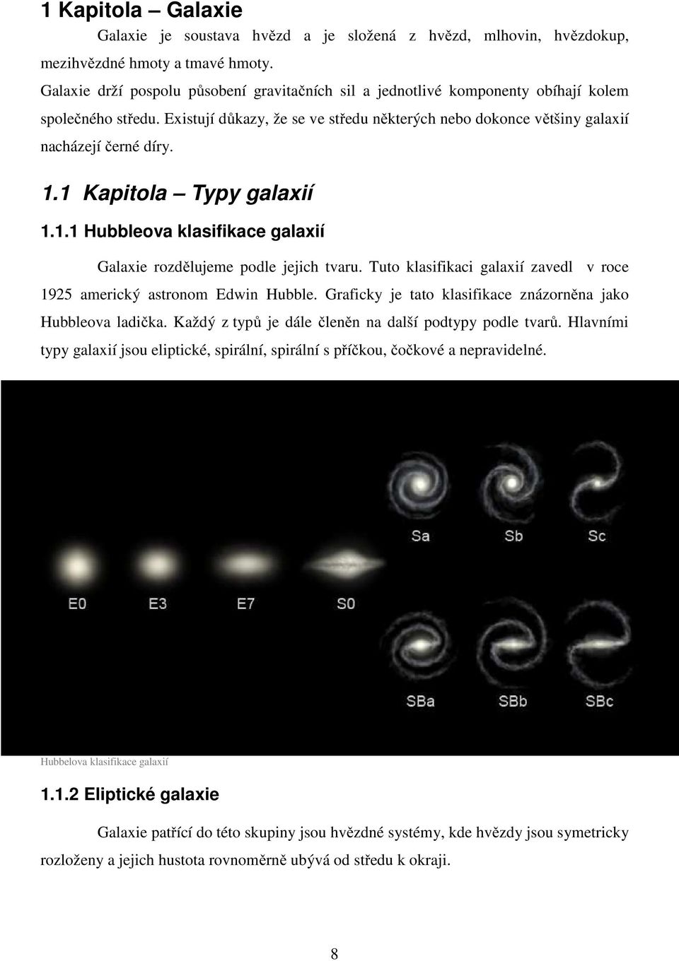 1 Kapitola Typy galaxií 1.1.1 Hubbleova klasifikace galaxií Galaxie rozdělujeme podle jejich tvaru. Tuto klasifikaci galaxií zavedl v roce 1925 americký astronom Edwin Hubble.