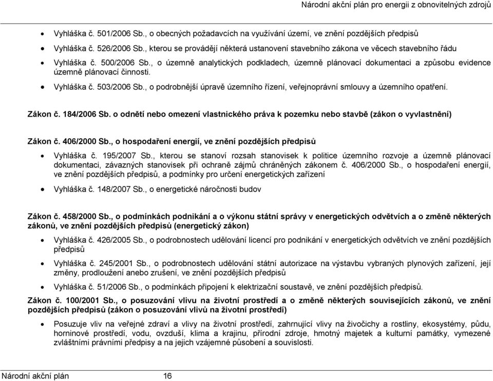 , o územně analytických podkladech, územně plánovací dokumentaci a způsobu evidence územně plánovací činnosti. Vyhláška č. 503/2006 Sb.