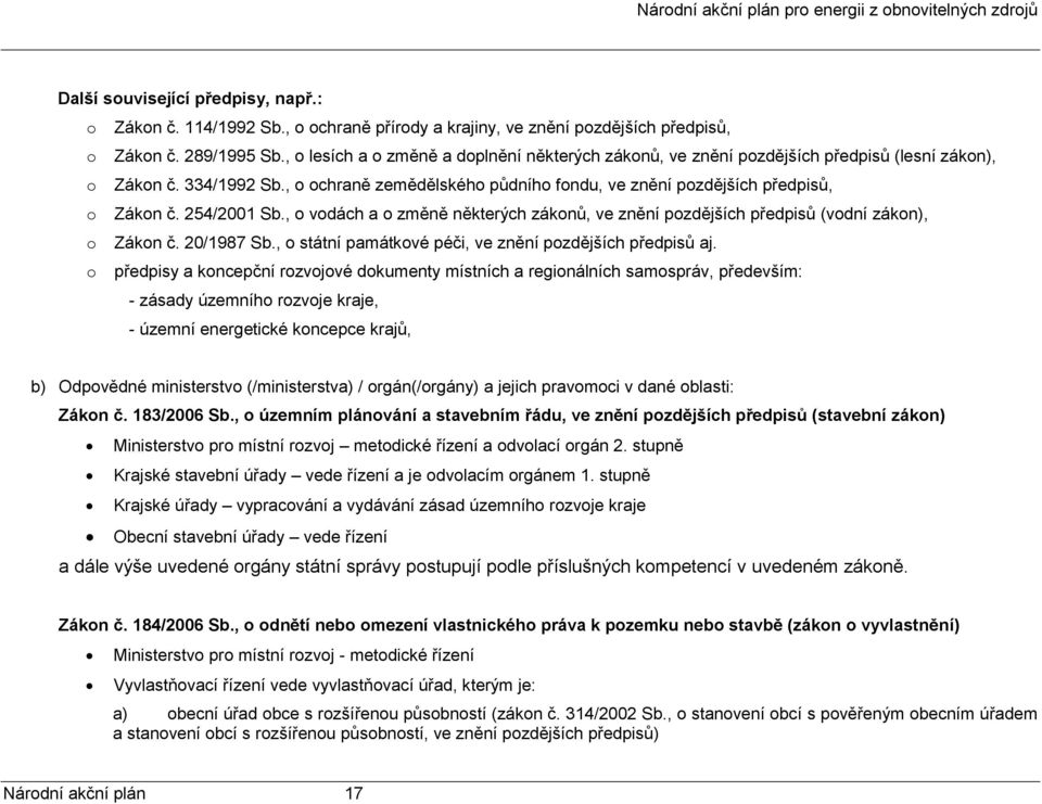 254/2001 Sb., o vodách a o změně některých zákonů, ve znění pozdějších předpisů (vodní zákon), o Zákon č. 20/1987 Sb., o státní památkové péči, ve znění pozdějších předpisů aj.