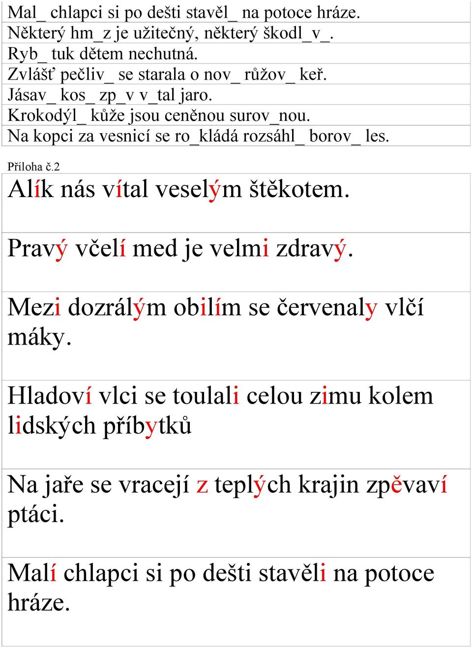 Na kopci za vesnicí se ro_kládá rozsáhl_ borov_ les. Příloha č.2 Alík nás vítal veselým štěkotem. Pravý včelí med je velmi zdravý.