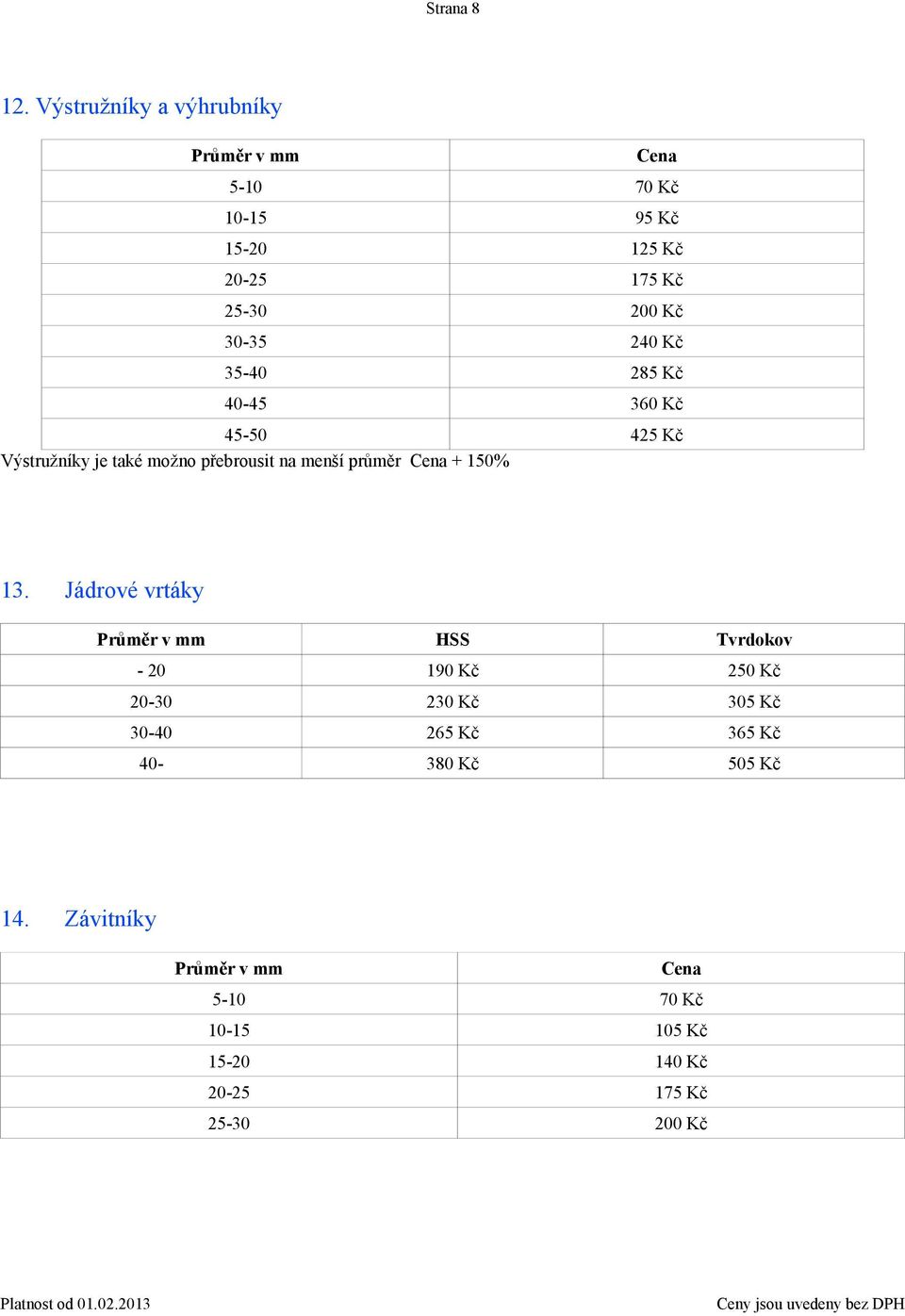 Kč 35-40 285 Kč 40-45 360 Kč 45-50 425 Kč Výstružníky je také možno přebrousit na menší průměr +