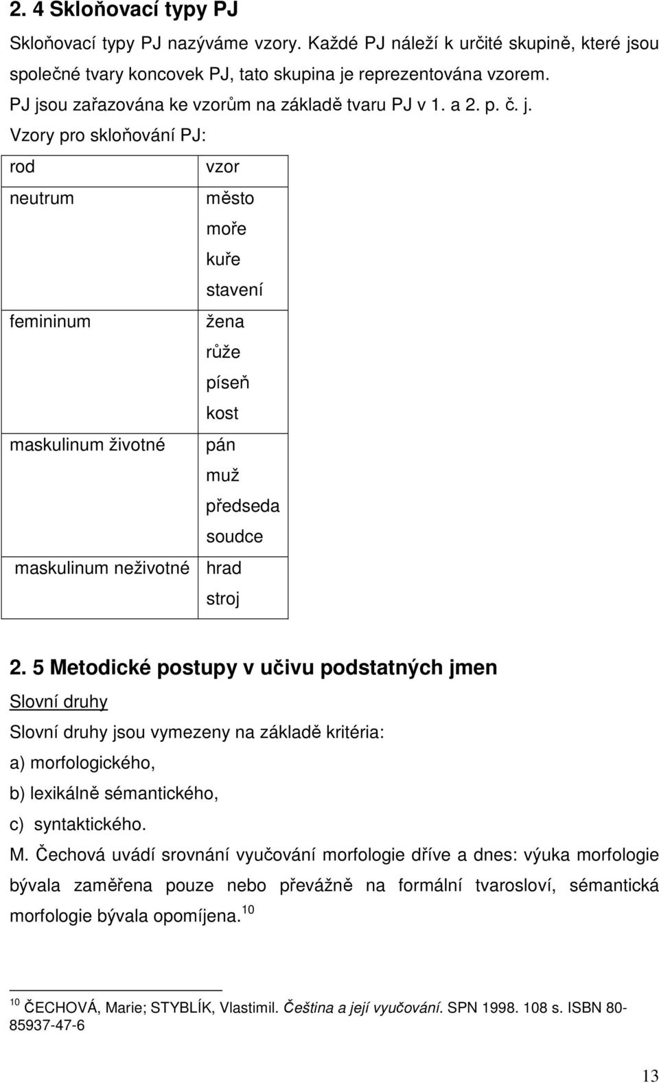 5 Metodické postupy v učivu podstatných jmen Slovní druhy Slovní druhy jsou vymezeny na základě kritéria: a) morfologického, b) lexikálně sémantického, c) syntaktického. M. Čechová uvádí srovnání vyučování morfologie dříve a dnes: výuka morfologie bývala zaměřena pouze nebo převážně na formální tvarosloví, sémantická morfologie bývala opomíjena.