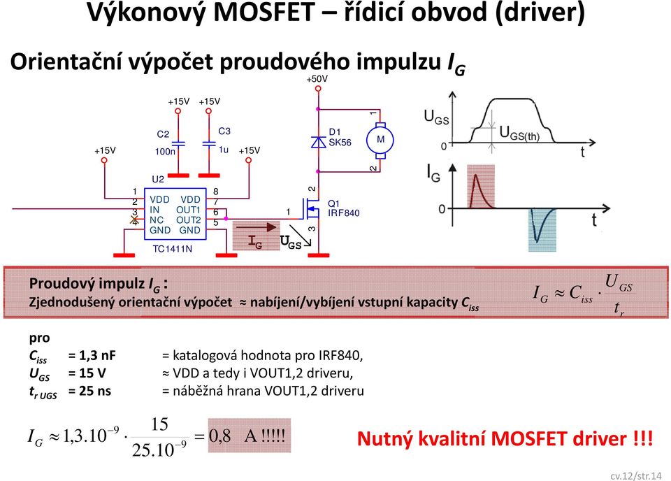 nabíjení/vybíjení vstupní kapacityc C iss I G C iss U t GS r pro C iss = 1,3 nf = katalogová hodnota pro IRF840, U GS = 15 V VDD a tedy i