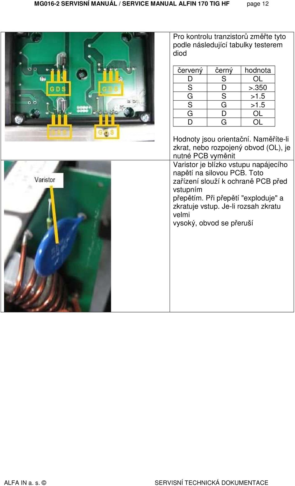 Naměříte-li zkrat, nebo rozpojený obvod (OL), je nutné PCB vyměnit Varistor je blízko vstupu napájecího napětí na silovou PCB.