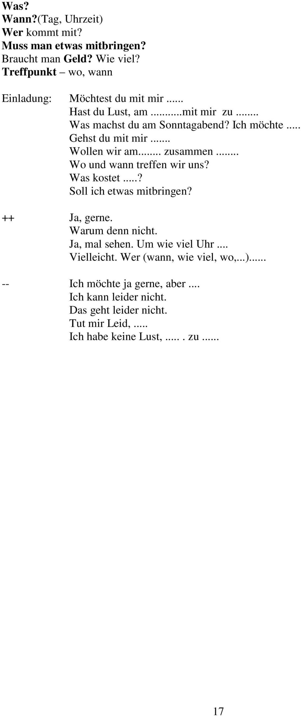 .. Wo und wann treffen wir uns? Was kostet...? Soll ich etwas mitbringen? ++ Ja, gerne. Warum denn nicht. Ja, mal sehen. Um wie viel Uhr.