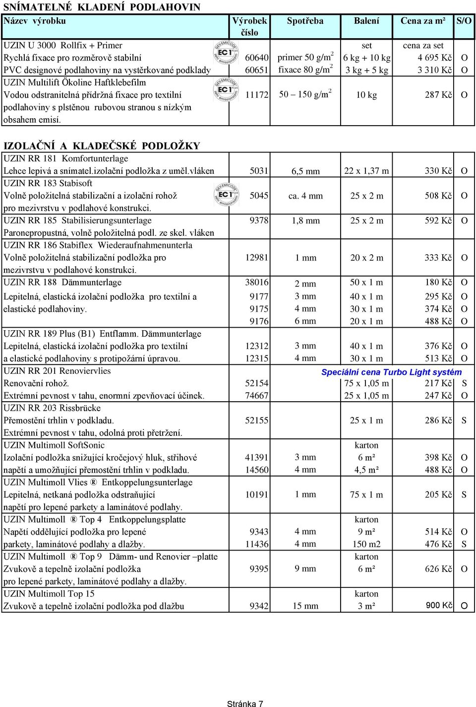 2 10 kg 287 Kč O podlahoviny s plstěnou rubovou stranou s nízkým obsahem emisí. IZOLAČNÍ A KLADEČSKÉ PODLOŽKY UZIN RR 181 Komfortunterlage Lehce lepivá a snímatel.izolační podložka z uměl.