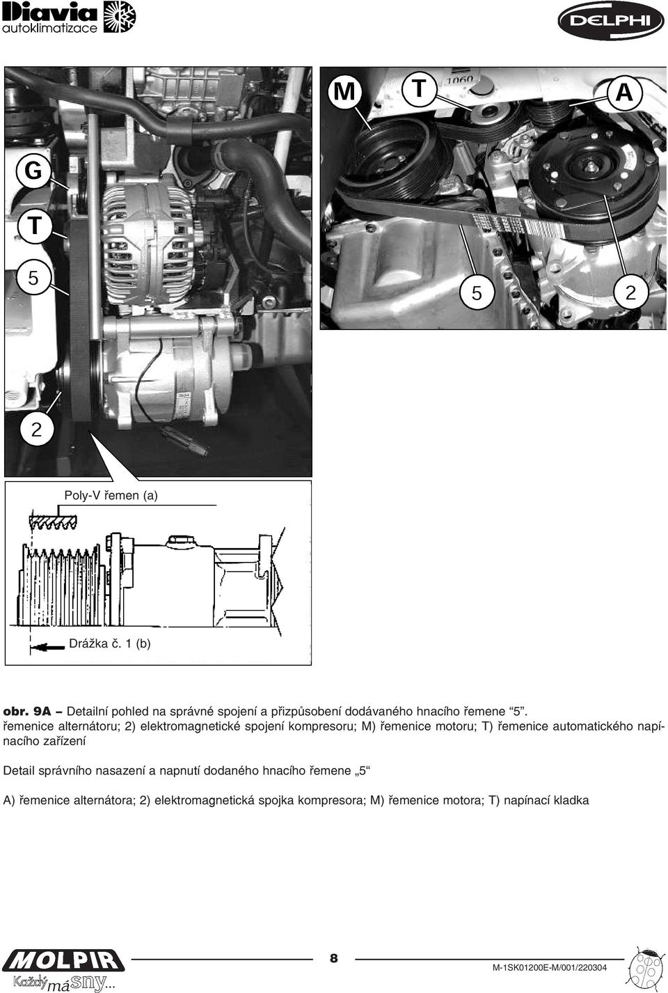 řemenice alternátoru; 2) elektromagnetické spojení kompresoru; M) řemenice motoru; T) řemenice