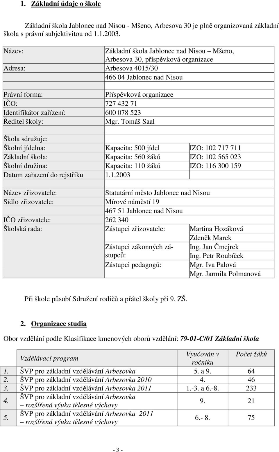 Identifikátor zařízení: 600 078 523 Ředitel školy: Mgr.
