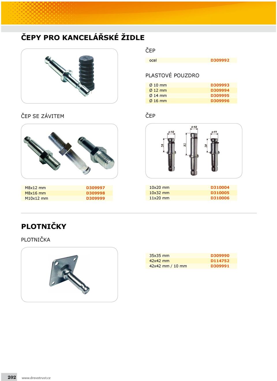 D310004 M8x16 mm D309998 10x32 mm D310005 M10x12 mm D309999 11x20 mm D310006 PLOTNIČKY