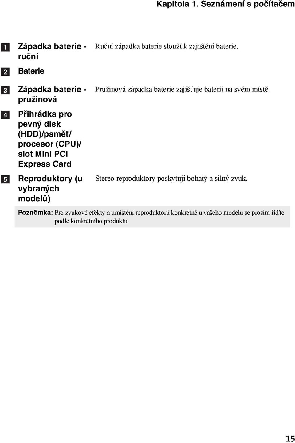 Reproduktory (u vybraných modelů) Pružinová západka baterie zajišťuje baterii na svém místě.