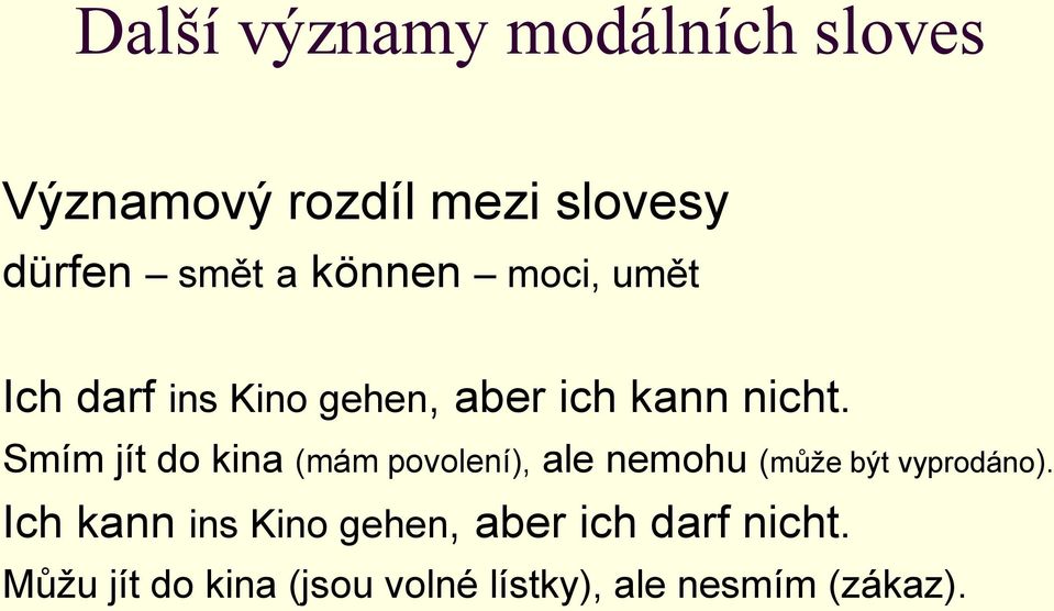 Smím jít do kina (mám povolení), ale nemohu (může být vyprodáno).