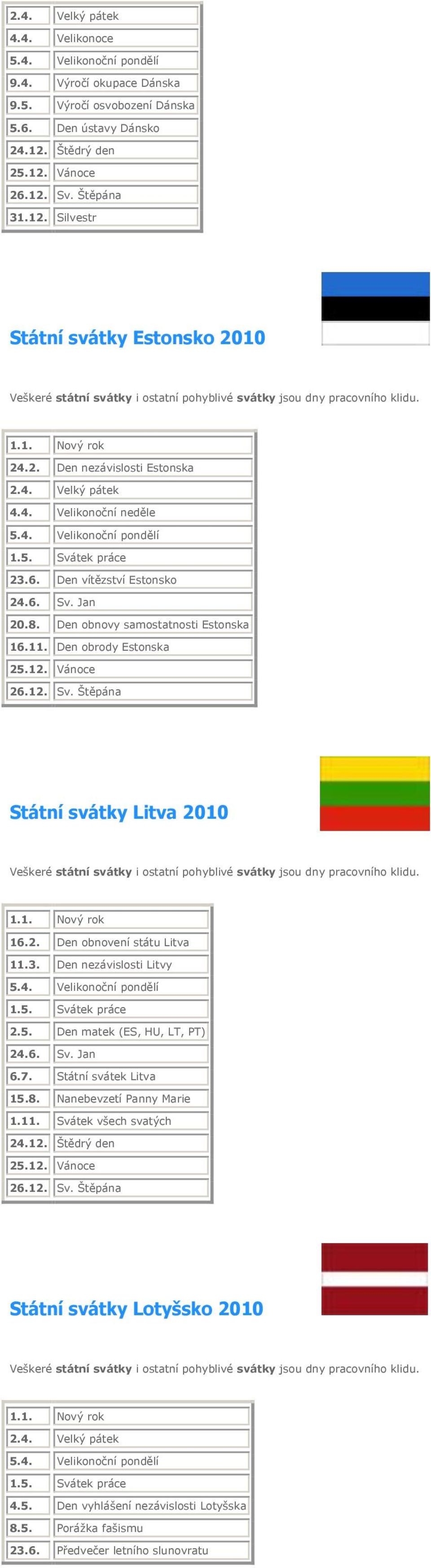 2. Den obnovení státu Litva 11.3. Den nezávislosti Litvy 2.5. Den matek (ES, HU, LT, PT) 24.6. Sv. Jan 6.7. Státní svátek Litva 24.12. Štědrý den 26.12. Sv. Štěpána Státní svátky Lotyšsko 2010 4.