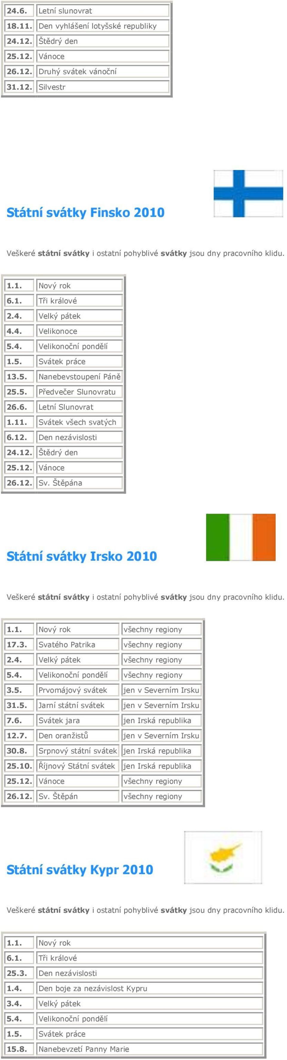 Prvomájový svátek jen v Severním Irsku 31.5. Jarní státní svátek jen v Severním Irsku 7.6. Svátek jara jen Irská republika 12.7. Den oranžistů jen v Severním Irsku 30.8.