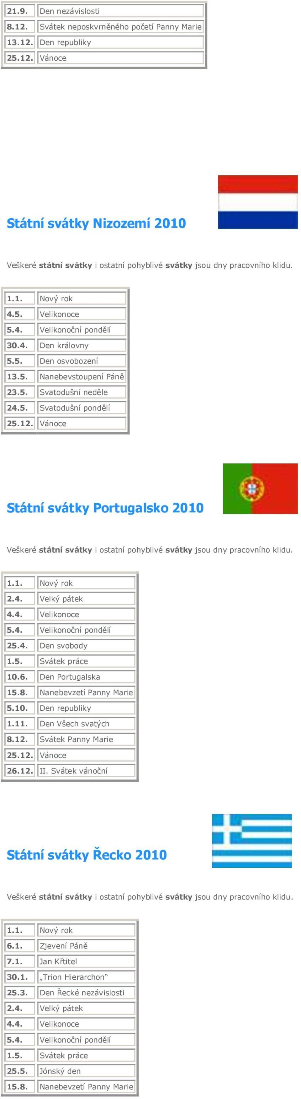 4. Den svobody 10.6. Den Portugalska 5.10. Den republiky 1.11. Den Všech svatých 8.12. Svátek Panny Marie 26.12. II.