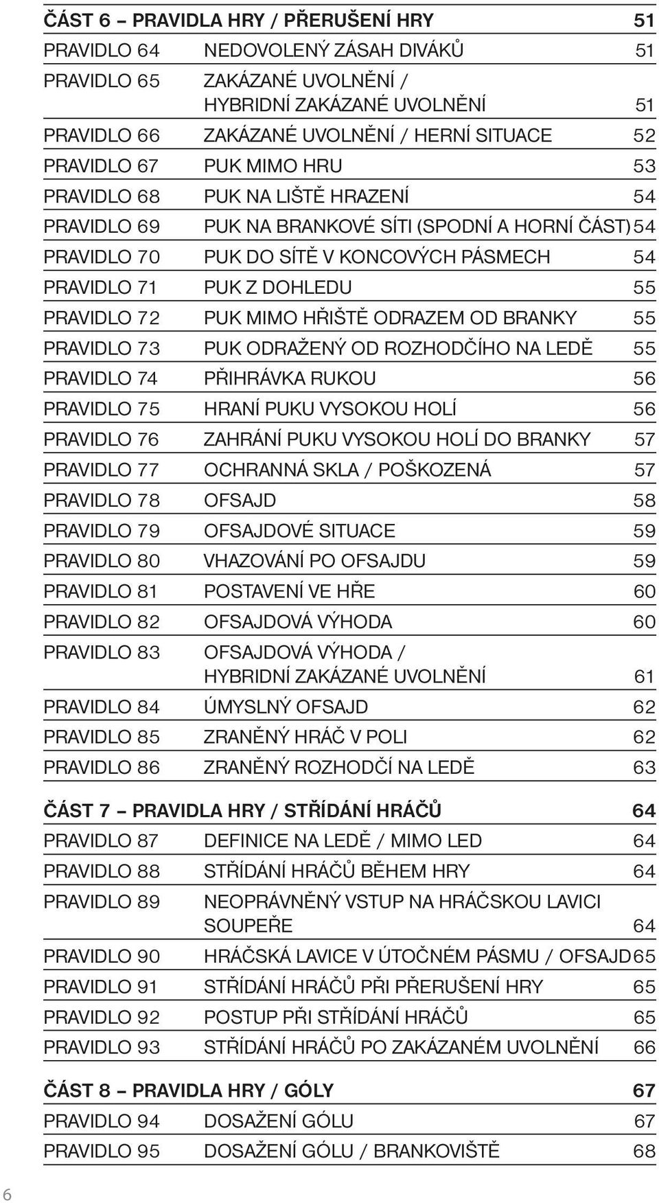 72 PUK MIMO HŘIŠTĚ ODRAZEM OD BRANKY 55 PRAVIDLO 73 PUK ODRAŽENÝ OD ROZHODČÍHO NA LEDĚ 55 PRAVIDLO 74 PŘIHRÁVKA RUKOU 56 PRAVIDLO 75 HRANÍ PUKU VYSOKOU HOLÍ 56 PRAVIDLO 76 ZAHRÁNÍ PUKU VYSOKOU HOLÍ