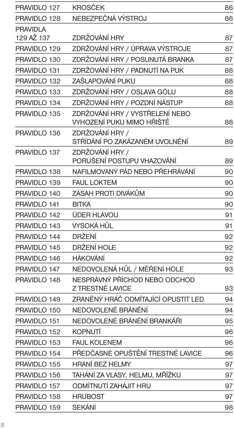 VYSTŘELENÍ NEBO VYHOZENÍ PUKU MIMO HŘIŠTĚ 88 PRAVIDLO 136 ZDRŽOVÁNÍ HRY / STŘÍDÁNÍ PO ZAKÁZANÉM UVOLNĚNÍ 89 PRAVIDLO 137 ZDRŽOVÁNÍ HRY / PORUŠENÍ POSTUPU VHAZOVÁNÍ 89 PRAVIDLO 138 NAFILMOVANÝ PÁD