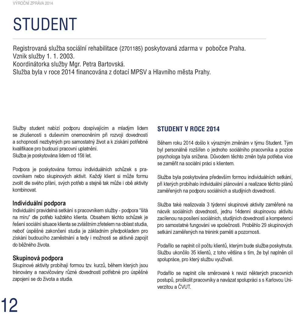 12 Služby student nabízí podporu dospívajícím a mladým lidem se zkušeností s duševním onemocněním při rozvoji dovedností a schopností nezbytných pro samostatný život a k získání potřebné kvalifikace