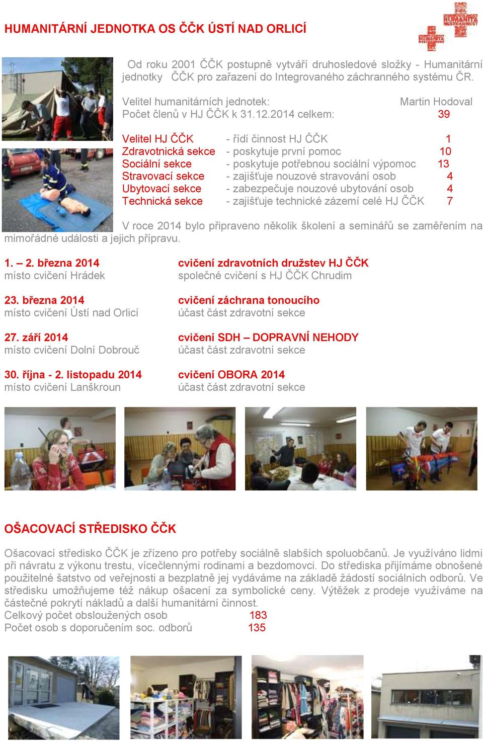 2014 celkem: 39 Velitel HJ ČČK - řídí činnost HJ ČČK 1 Zdravotnická sekce - poskytuje první pomoc 10 Sociální sekce - poskytuje potřebnou sociální výpomoc 13 Stravovací sekce - zajišťuje nouzové