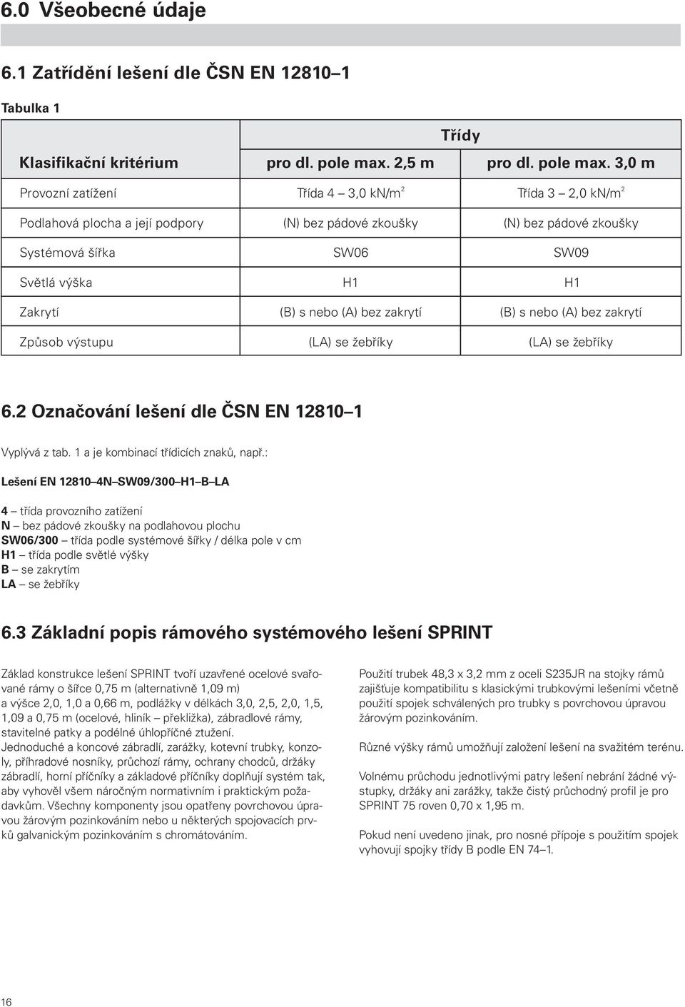 30, m Provozní zatížení Třída 4 3,0 kn/m 2 Třída 3 2,0 kn/m 2 Podlahová plocha a její podpory Systémová šířka Světlá výška Zakrytí Způsob výstupu (N) bez pádové zkoušky SW06 H1 (B) s nebo (A) bez