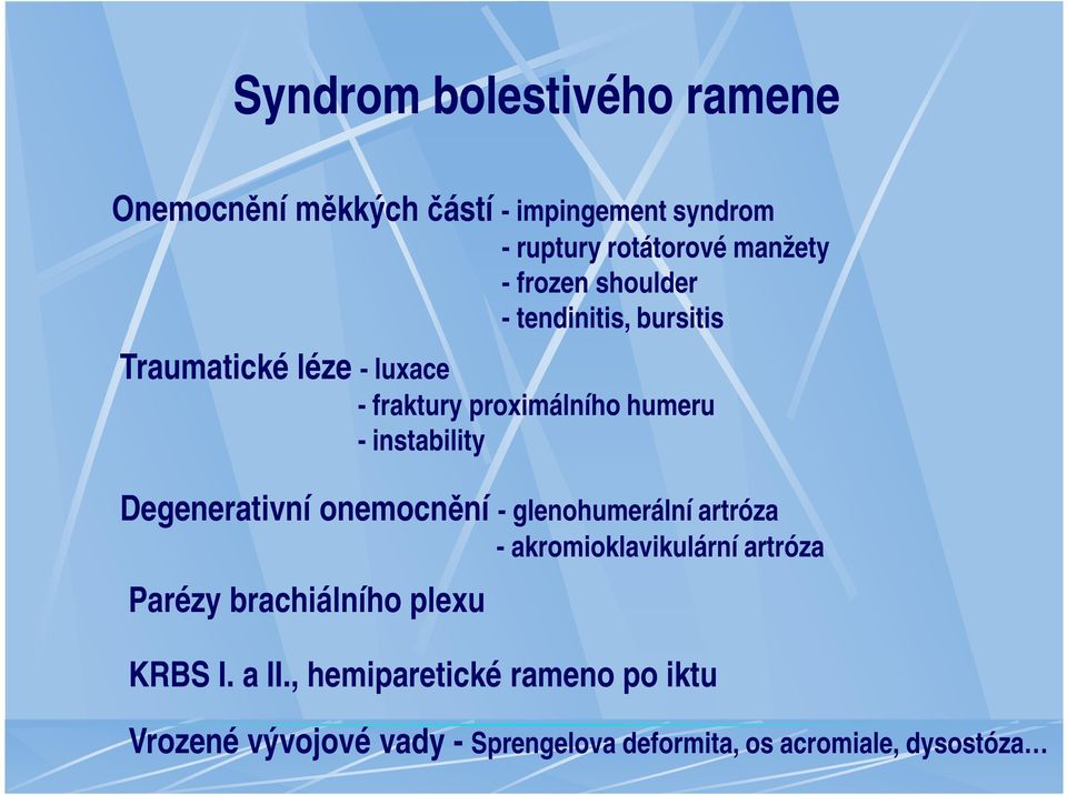 instability Degenerativní onemocnění - glenohumerální artróza - akromioklavikulární artróza Parézy