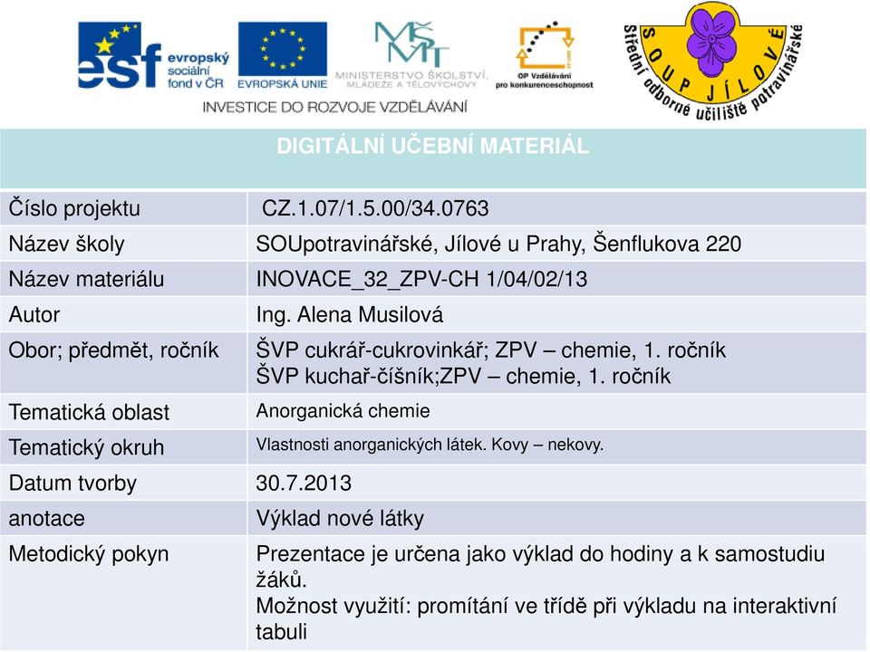 oblast Tematický okruh Ing. Alena Musilová ŠVP cukrář-cukrovinkář; ZPV chemie, 1. ročník ŠVP kuchař-číšník;zpv chemie, 1.