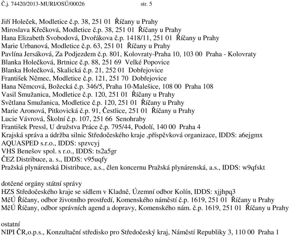 p. 21, 252 01 Dobřejovice František Němec, Modletice č.p. 121, 251 70 Dobřejovice Hana Němcová, Božecká č.p. 346/5, Praha 10-Malešice, 108 00 Praha 108 Vasil Smužanica, Modletice č.p. 120, 251 01 Říčany u Prahy Světlana Smužanica, Modletice č.