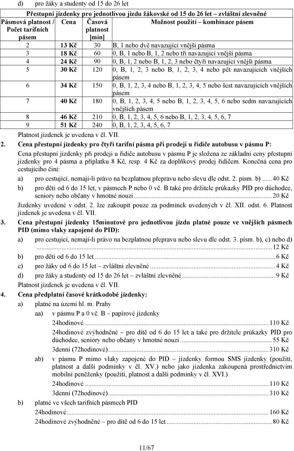 Kč 120 0, B, 1, 2, 3 nebo B, 1, 2, 3, 4 nebo pět navazujících vnějších pásem 6 34 Kč 150 0, B, 1, 2, 3, 4 nebo B, 1, 2, 3, 4, 5 nebo šest navazujících vnějších pásem 7 40 Kč 180 0, B, 1, 2, 3, 4, 5