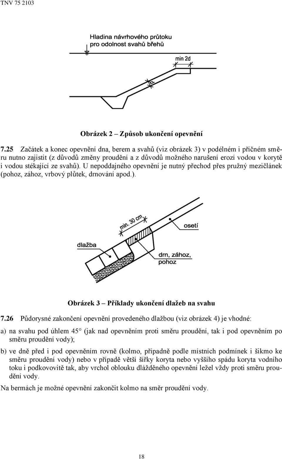 svahů). U nepoddajného opevnění je nutný přechod přes pružný mezičlánek (pohoz, zához, vrbový plůtek, drnování apod.). Obrázek 3 Příklady ukončení dlažeb na svahu 7.