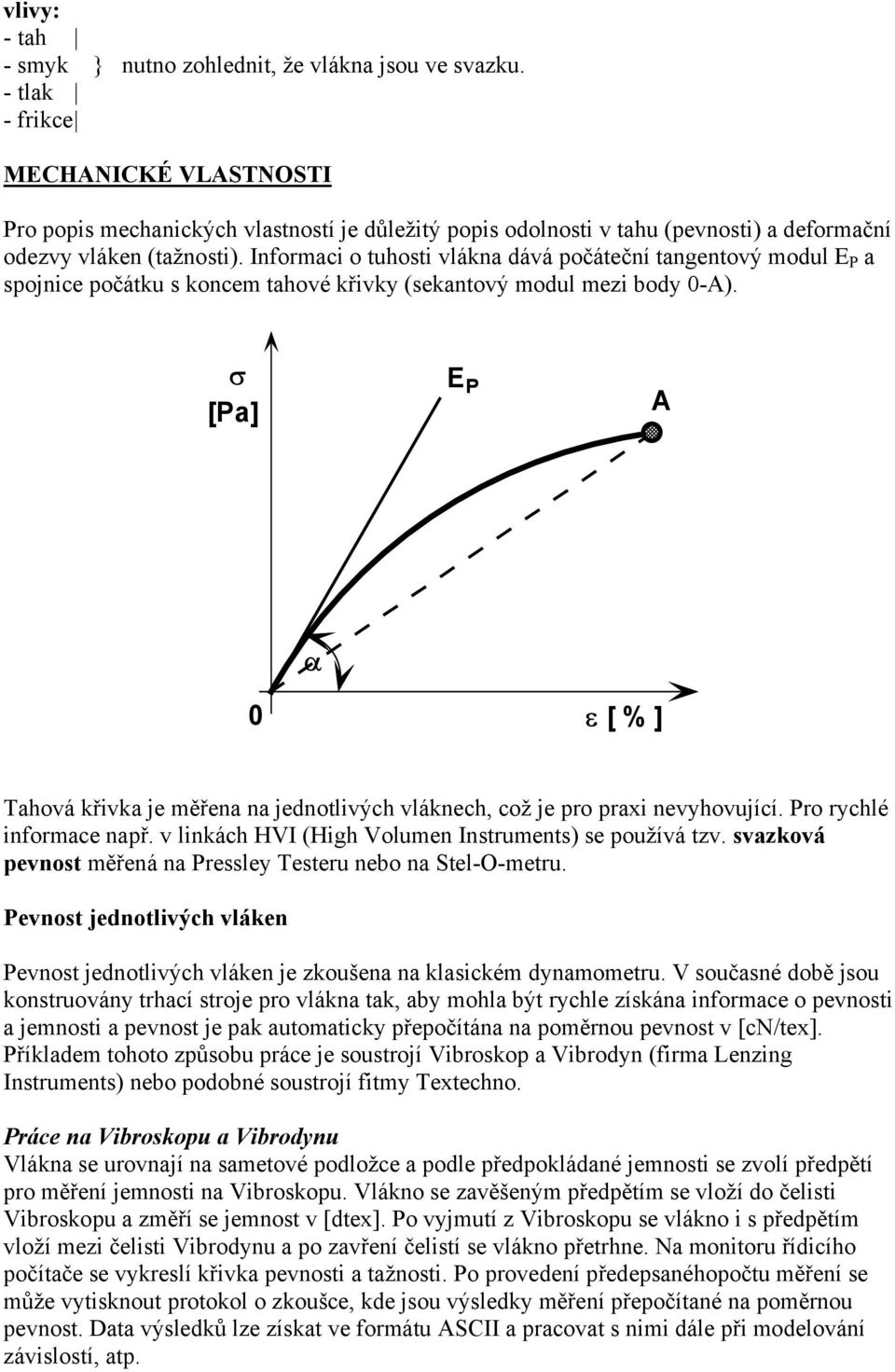 Informaci o tuhosti vlákna dává počáteční tangentový modul E P a spojnice počátku s koncem tahové křivky (sekantový modul mezi body 0-A).