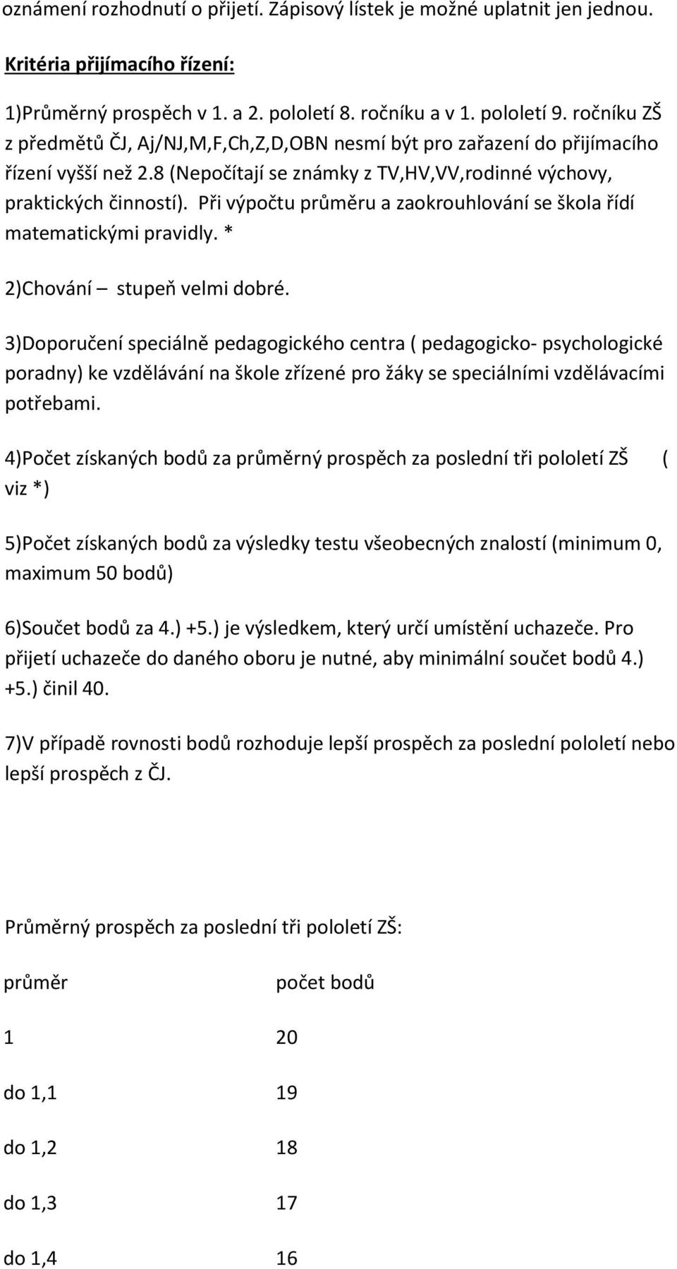 Při výpočtu průměru a zaokrouhlování se škola řídí matematickými pravidly. * 2)Chování stupeň velmi dobré.