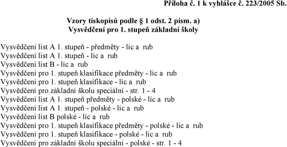 stupeň klasifikace - líc a rub Vysvědčení pro základní školu speciální - str. 1-4 Vysvědčení list A 1. stupeň předměty - polské - líc a rub Vysvědčení list A 1.