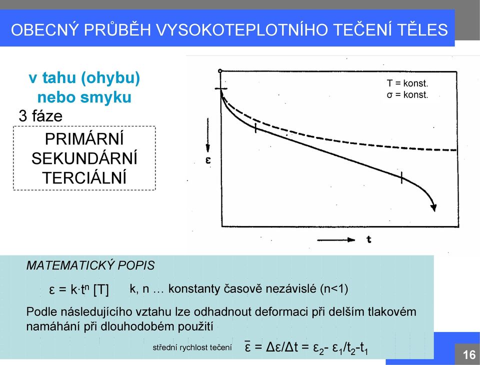 v tlaku MATEMATICKÝ POPIS a) ε rychlost = k t n [T] deformace s časem klesá k, n konstanty časově nezávislé (n<1) Podle b)