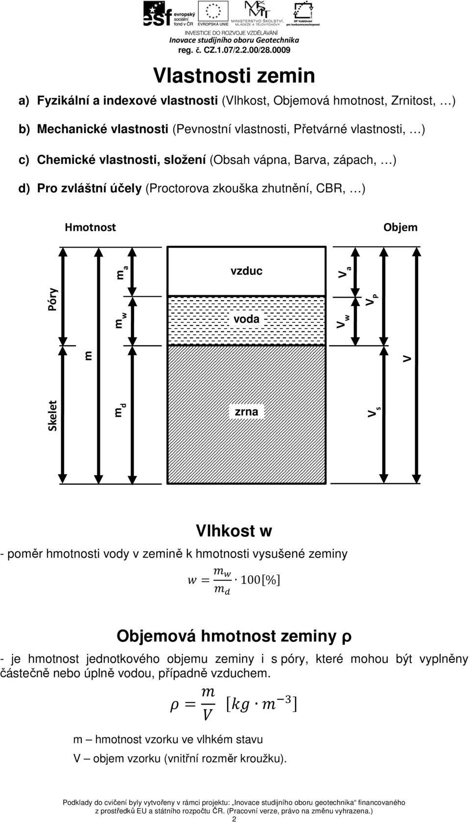 V w V P m d m V Skelet zrna V s Vlhkost w - poměr hmotnosti vody v zemině k hmotnosti vysušené zeminy 100 % Objemová hmotnost zeminy ρ - je hmotnost jednotkového