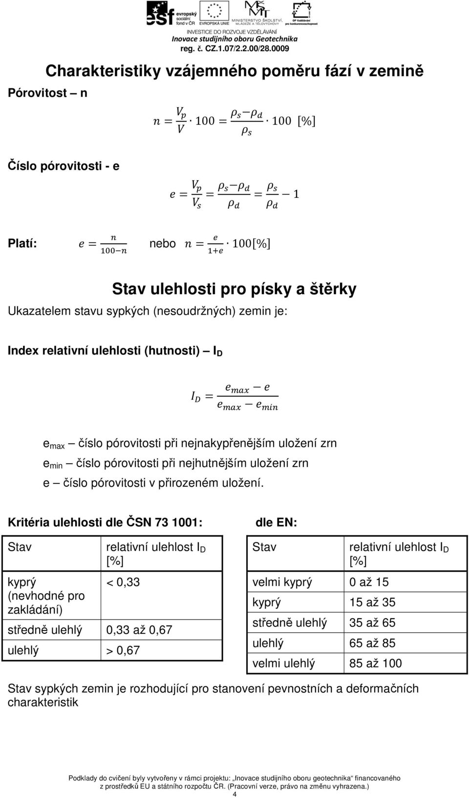 pórovitosti při nejnakypřenějším uložení zrn e min číslo pórovitosti při nejhutnějším uložení zrn e číslo pórovitosti v přirozeném uložení.