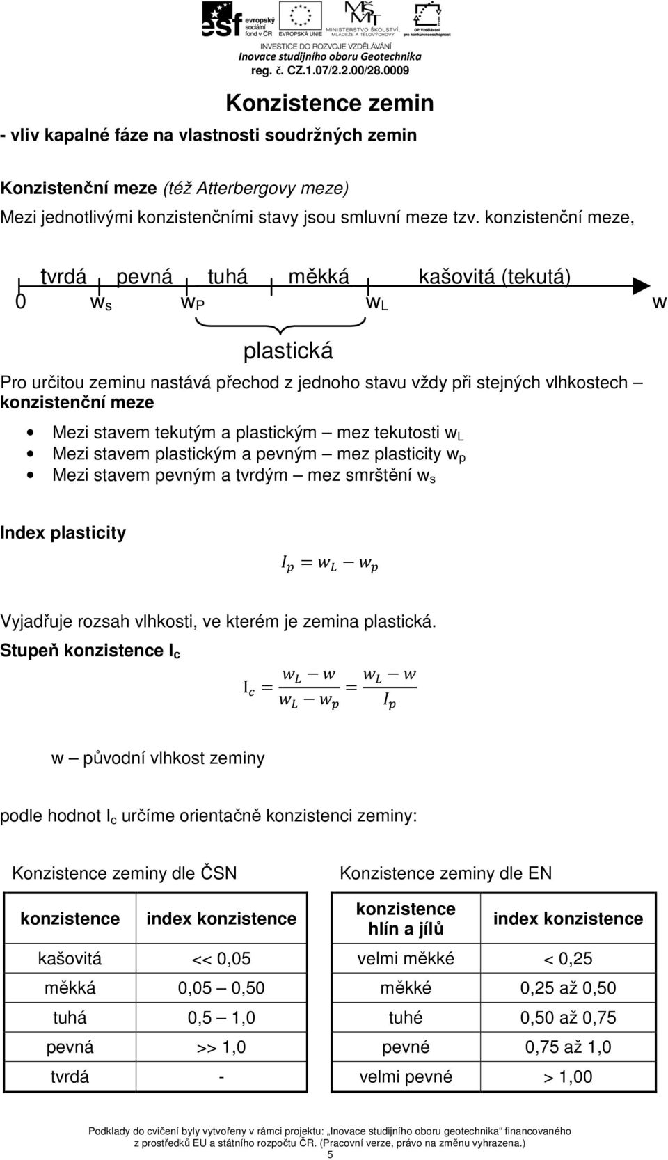 tekutým a plastickým mez tekutosti w L Mezi stavem plastickým a pevným mez plasticity w p Mezi stavem pevným a tvrdým mez smrštění w s Index plasticity (! -!