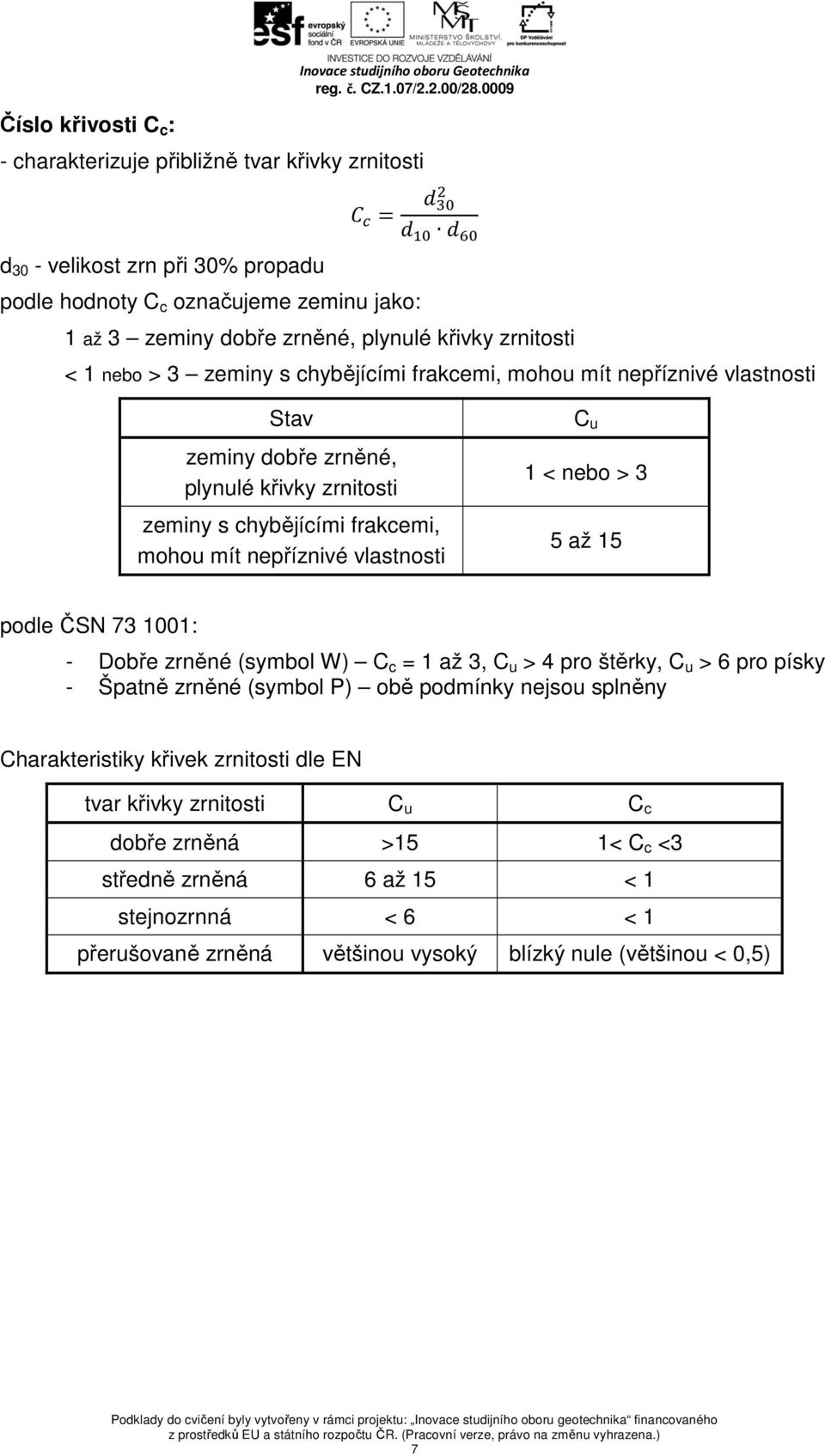 chybějícími frakcemi, mohou mít nepříznivé vlastnosti C u 1 < nebo > 3 5 až 15 podle ČSN 73 1001: - Dobře zrněné (symbol W) C c = 1 až 3, C u > 4 pro štěrky, C u > 6 pro písky - Špatně zrněné (symbol