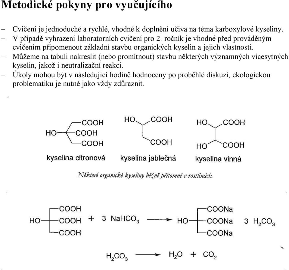 ročník je vhodné před prováděným cvičením připomenout základní stavbu organických kyselin a jejich vlastnosti.