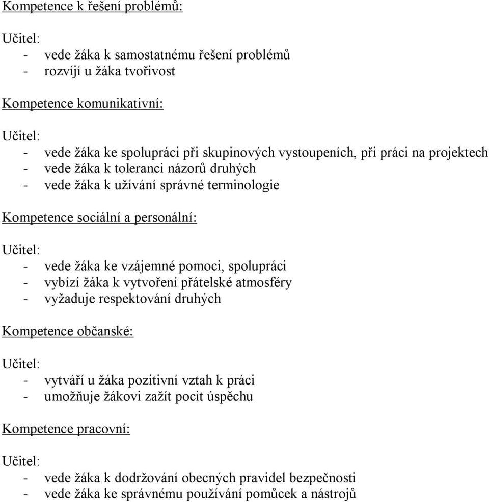 ke vzájemné pomoci, spolupráci - vybízí žáka k vytvoření přátelské atmosféry - vyžaduje respektování druhých Kompetence občanské: - vytváří u žáka pozitivní vztah k