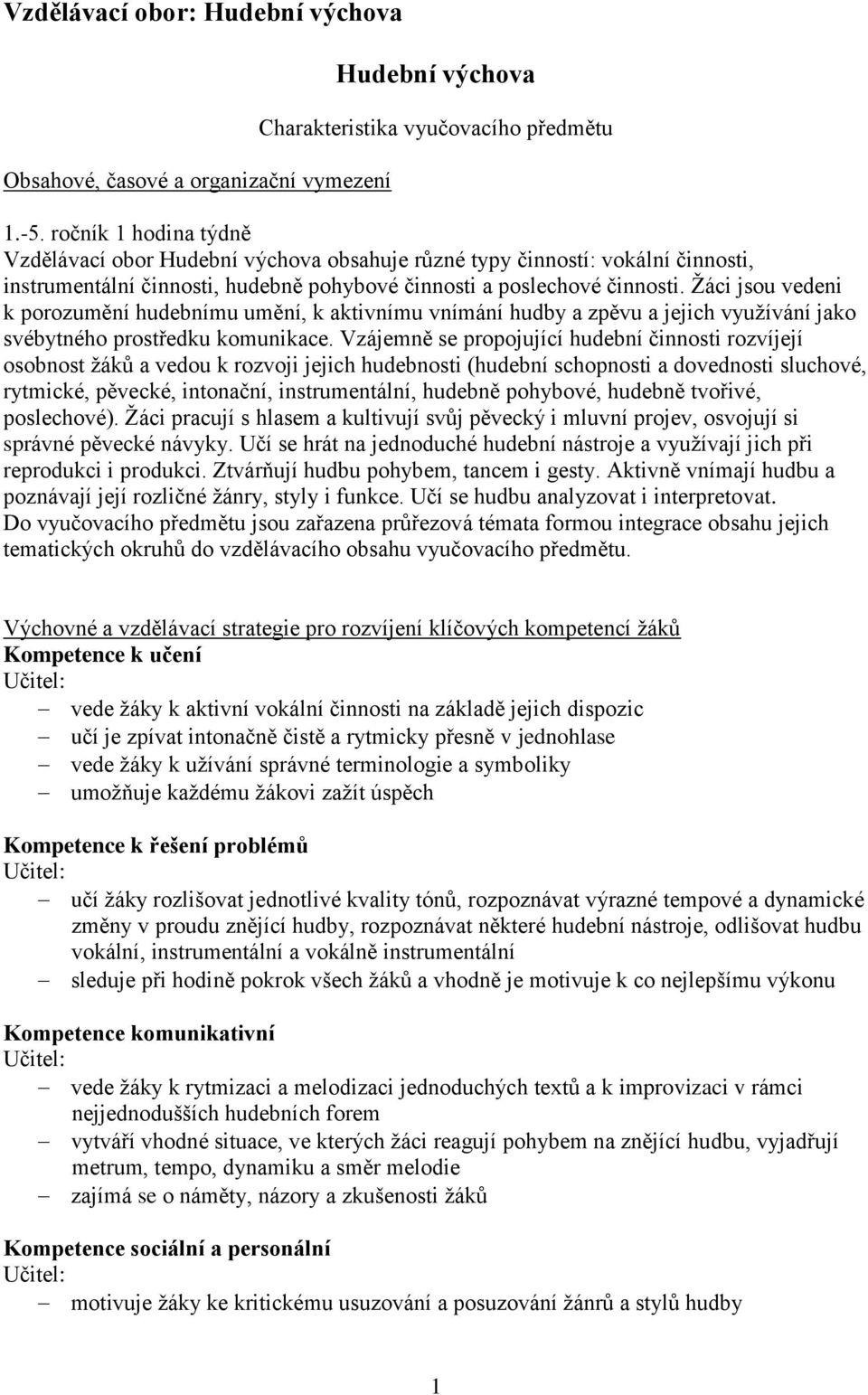 Žáci jsou vedeni k porozumění hudebnímu umění, k aktivnímu vnímání hudby a zpěvu a jejich využívání jako svébytného prostředku komunikace.