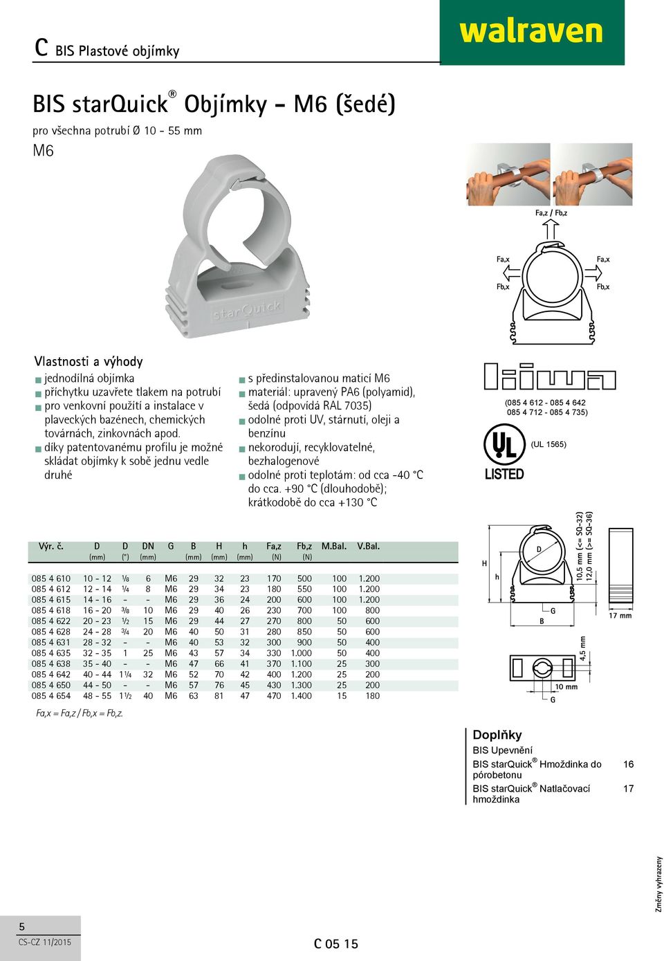 díky patentovanému profilu je možné skládat objímky k sobě jednu vedle druhé s předinstalovanou maticí M6 materiál: upravený PA6 (polyamid), šedá (odpovídá RAL 7035) odolné proti UV, stárnutí, oleji