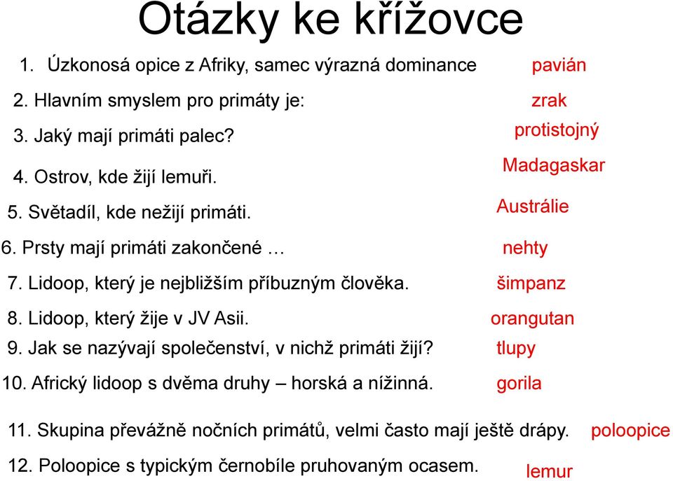 Lidoop, který žije v JV Asii. 9. Jak se nazývají společenství, v nichž primáti žijí? 10. Africký lidoop s dvěma druhy horská a nížinná.