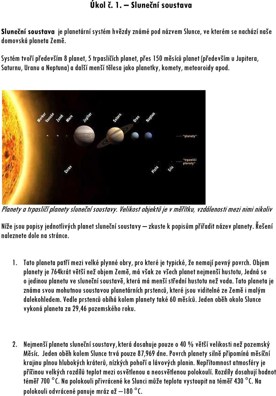 Planety a trpasličí planety sluneční soustavy.