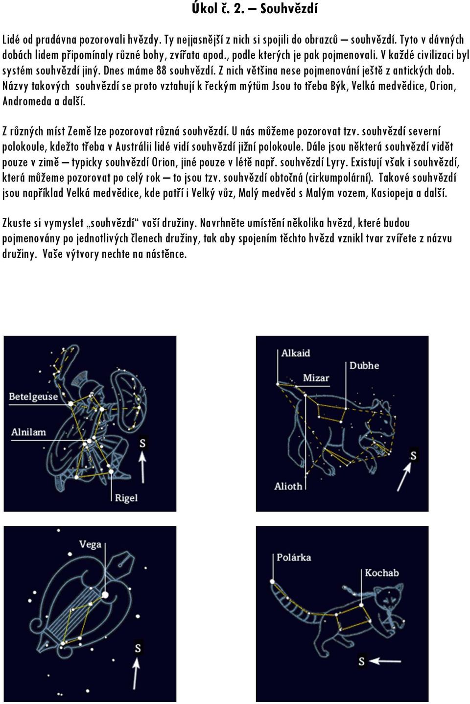 Názvy takových souhvězdí se proto vztahují k řeckým mýtům Jsou to třeba Býk, Velká medvědice, Orion, Andromeda a další. Z různých míst Země lze pozorovat různá souhvězdí. U nás můžeme pozorovat tzv.