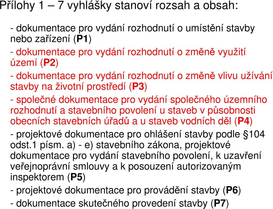 působnosti obecních stavebních úřadů a u staveb vodních děl (P4) - projektové dokumentace pro ohlášení stavby podle 104 odst.1 písm.