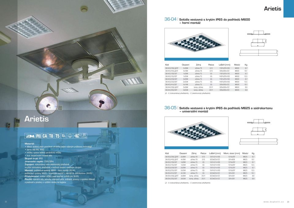 M600 8,7 36-043/235/CT 2x35W zářivka T5 G5 1497x297x100 M600 12,5 36-043/414/CT 4x14W zářivka T5 G5 595x595x122 M600 10,1 36-044/336/1 T 3x36W komp.