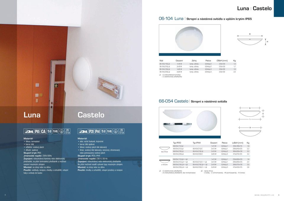 zářivka G24d(q)-3 335x130 2,0 1 - E (nízkoztrátová tlumivka) - C (elektronický předřadník) 66-054 Castelo Stropní a nástěnná svítidla Luna Castelo IP65 CA IP20 IP44 TC-D TC-DEL TC-D TC-DEL těleso: