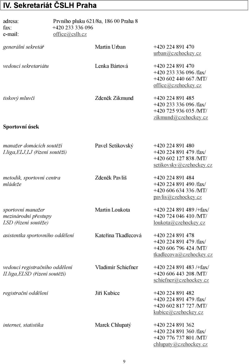 cz tiskový mluvčí Zdeněk Zikmund +420 224 891 485 +420 233 336 096 /fax/ +420 725 936 035 /MT/ zikmund@czehockey.cz Sportovní úsek manažer domácích soutěží Pavel Setikovský +420 224 891 480 I.